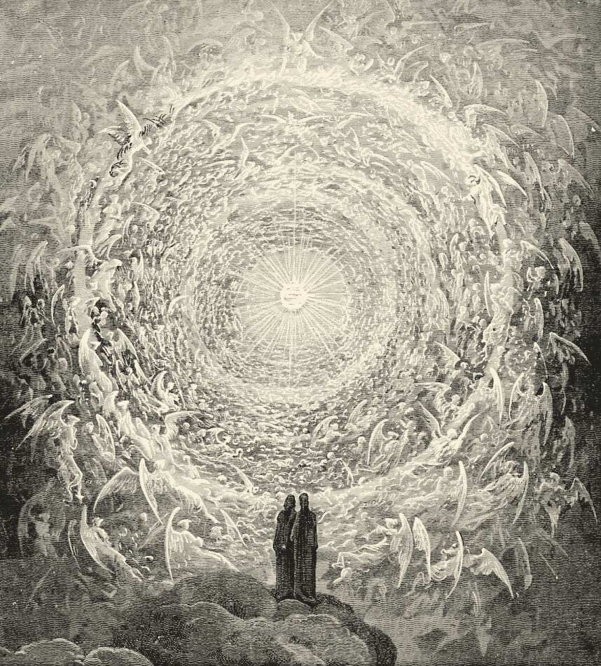 Rosa Celeste: Dante e Beatriz contemplam o mais elevado dos céus. ( Gustave Doré, 1892)